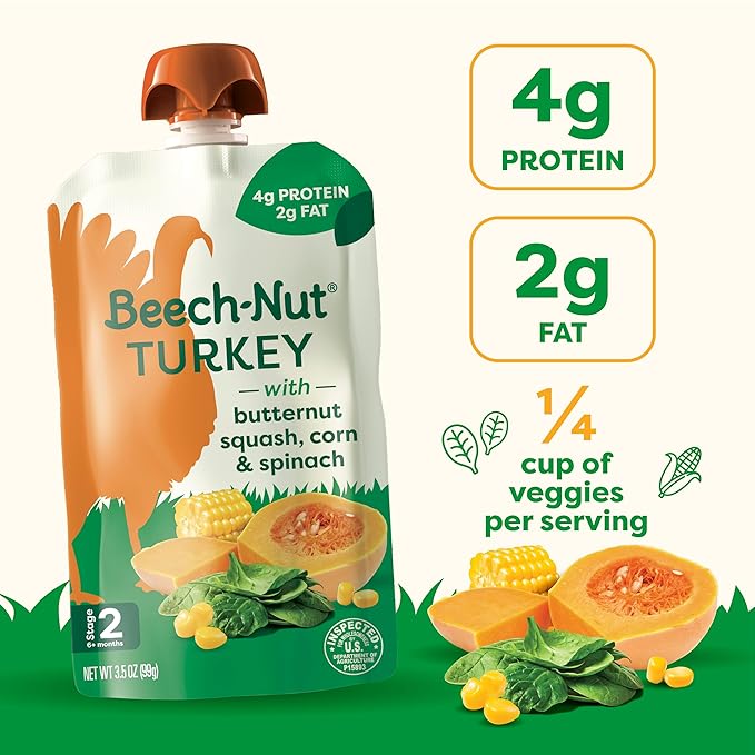 Beech-Nut Turkey Baby Food Pouches with 4g of Protein, Turkey Butternut Squash Corn & Spinach, Baby Puree Meat Baby Food Pouch, Stage 2, 3.5 oz Pouch (12 Pack)