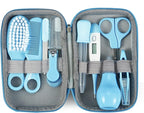 PandaEar Baby Healthcare & Grooming Kit - Baby Safety Set Comb, Brush, Finger Toothbrush, Nail Clippers, Scissors, Nasal Aspirator - Nursery Care Kit (Blue)
