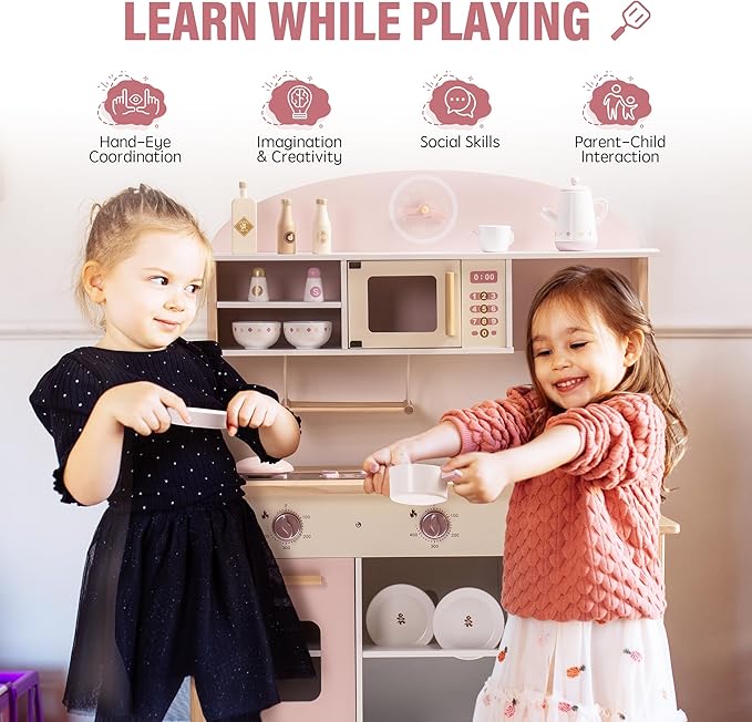 ROBOTIME Wooden Play Kitchen Set, Pretend Play Kitchen Set for Kids with Realistic Design, Kids & Toddlers Kitchen Playset with Dishwasher, Toy Kitchen Set for Boys and Girls Ages 3+ (Pink)