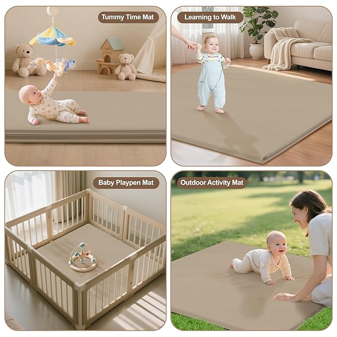 Baby Play Mat 47x47 Inches, Extra Thick 1.2" Foam Floor Mat for Tummy Time & Crawling, Waterproof Non-Slip Faux Leather Playpen Mat for Infants Toddlers, Indoor Outdoor Gym Activity, Brown