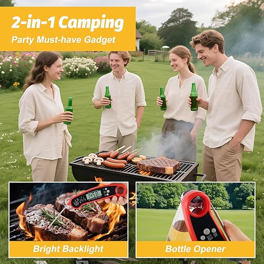 Digital Meat Thermometer – Waterproof Instant-Read Cooking Thermometer with LCD Backlight, Magnetic Back & Bottle Opener for Grilling, BBQ, Baking, Sous Vide, Candy Making & Kitchen Use