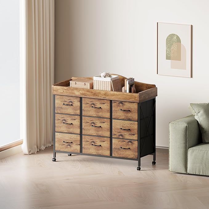 Baby Changing Table with 9 Fabric Drawers, Waterproof Diaper Changing Station & Pad, Mobile Nursery Diaper Changing Table, Baby Furniture, Bedroom, Rustic Brown