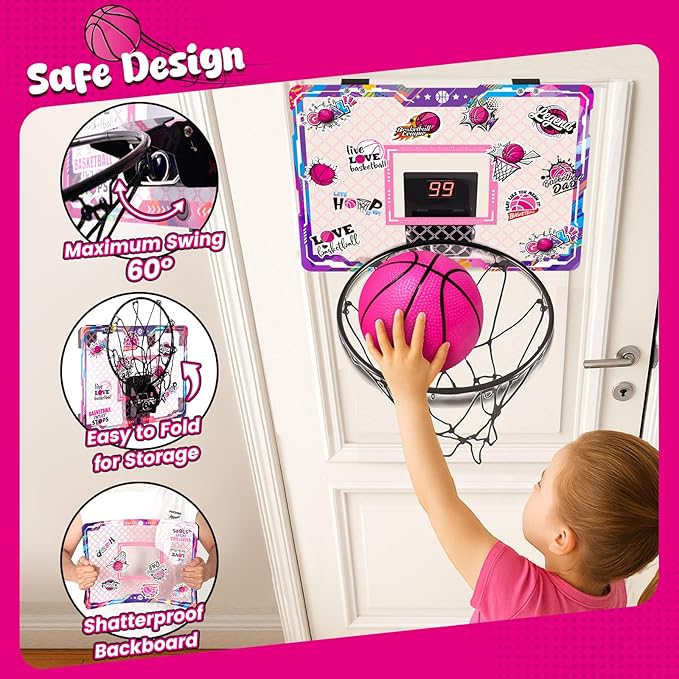 LovesTown Mini Indoor Basketball Hoop for Kids, Pink Basketball Hoops Over The Door with LED Lighting - 4 Balls - DIY Stickers, Great for Home, Dorms, Offices, and Gifts for Girls