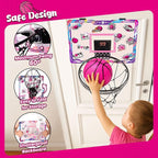 LovesTown Mini Indoor Basketball Hoop for Kids, Pink Basketball Hoops Over The Door with LED Lighting - 4 Balls - DIY Stickers, Great for Home, Dorms, Offices, and Gifts for Girls