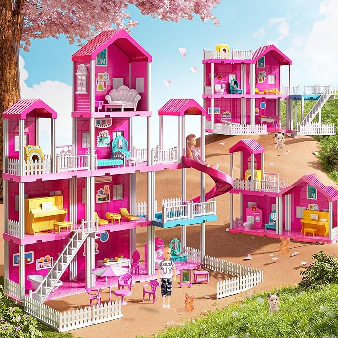 Pink Girl House Playset for Kids 3 4 5 6 7 8 Years Old - Villa Girl Toys with 4 Storeys 10-Room and 2 Dolls, Furniture Accessories, Pretend Play Indoor Toddler Toys Birthday Gifts for 3-5 6-8