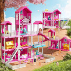 Pink Girl House Playset for Kids 3 4 5 6 7 8 Years Old - Villa Girl Toys with 4 Storeys 10-Room and 2 Dolls, Furniture Accessories, Pretend Play Indoor Toddler Toys Birthday Gifts for 3-5 6-8