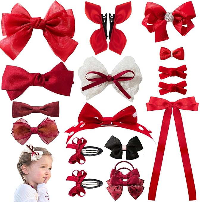 18pcs Red Hair Bows for Girls.Alligator Hair Clips,Hair-ties,Snap Clip Hairpins.Handmade Hair Accessories for Girls Gift Set