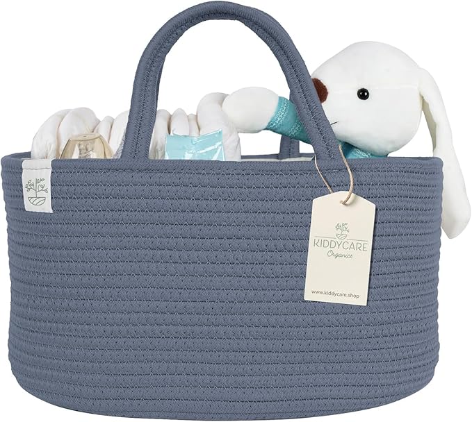 KiddyCare Diaper Caddy Organizer for Baby Nursery Basket with Handle Lid | Nursing bag with Changing Table Organizer Cart | Newborn Caddy | Blue PTRN X-Large