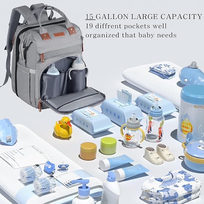 Baby Diaper Bag, Backpack with Changing Table, Unisex Baby Bag, with Diaper Pad, USB Charging Port, Insulated Pacifier Case, Multifunctional Waterproof Travel Diaper Bag, Gift for Newborn Baby (Grey)
