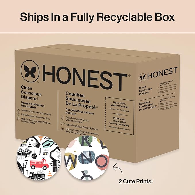 The Honest Company Clean Conscious Diapers for Delicate Skin | Up to 100% Leakproof | Hypoallergenic, Fragrance Free | Gender Neutral | Super Club Box, Size 5 (27+ lbs), 84 Count (Prints May Vary)