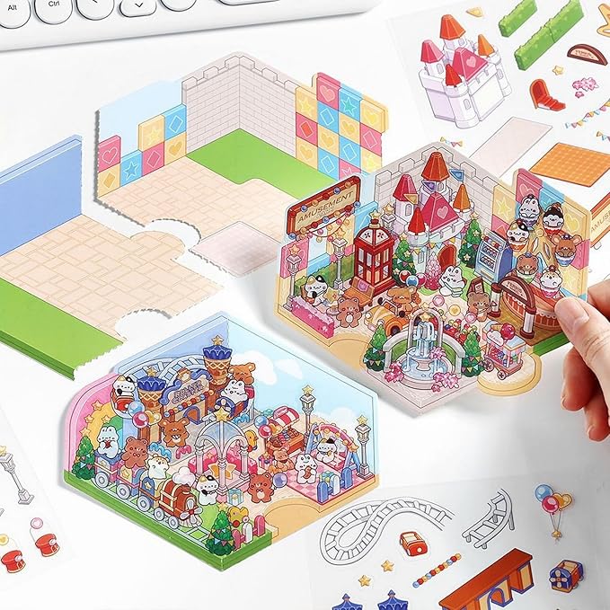 DIY 3D House Stickers, Cute 3D Cartoon Scene for Adult Kids Relief Stress Pass The Time,Cute Make Your Own House Stickers for Gifts Paint by Sticker.(4 Set)