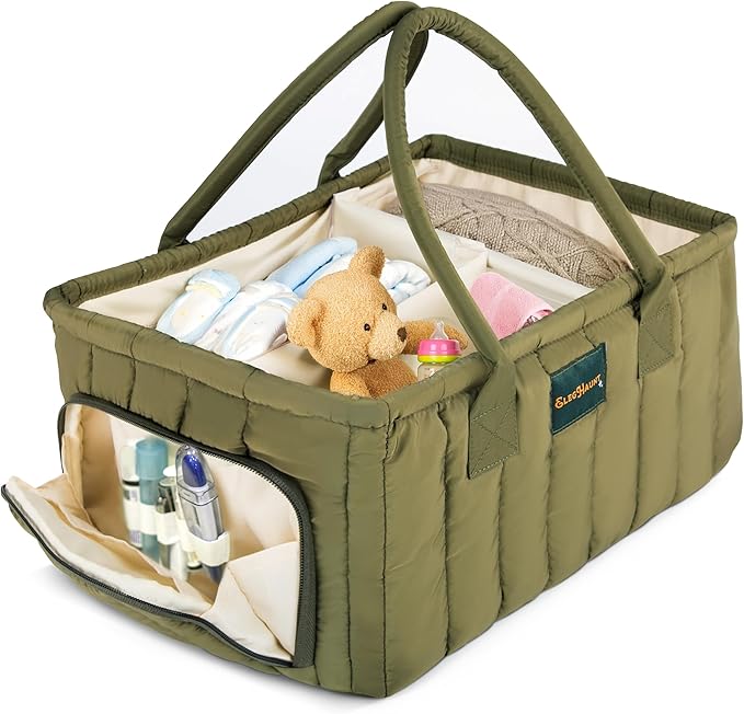 Large Diaper Caddy Organizer with Handle Neutral Boy Girl – Baby Basket for Nursery, Car, Changing Table – Portable Baby Storage with Compartments – Perfect for New Parents and Baby Shower Gifts
