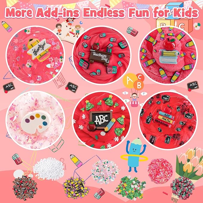 LAWOHO 6 Packs Slime Kit, Back to School Slime Gifts for Kids, Red Learning Themed Slime with Cloud Butter Clear Textures, Birthday Party Favors Goodie Bags Stuffer Anxiety Stress Relief Toys