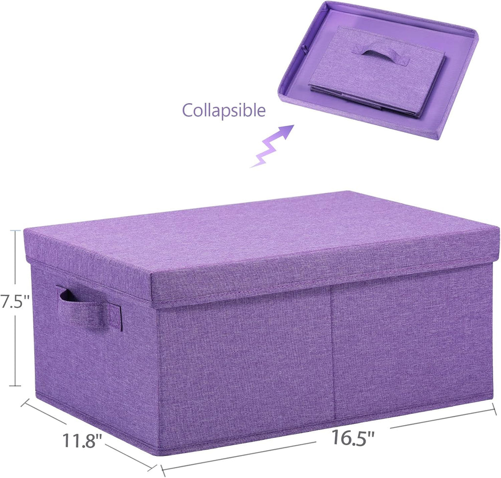 HOONEX Foldable Storage Bins with Lids, Pack of 2, Storage Boxes with 2 Carrying Handles and Sturdy Heavy Cardboard, 16.5" L x 11.8" W x 7.5" H for Shoes, Books, Clothes, Purple