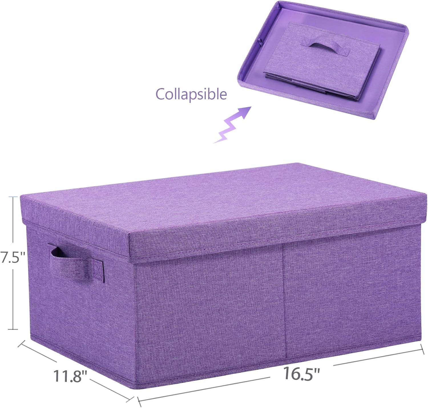 HOONEX Foldable Storage Bins with Lids, Pack of 2, Storage Boxes with 2 Carrying Handles and Sturdy Heavy Cardboard, 16.5" L x 11.8" W x 7.5" H for Shoes, Books, Clothes, Purple