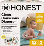 The Honest Company Clean Conscious Diapers for Delicate Skin | Up to 100% Leakproof | Hypoallergenic, Fragrance Free | Fall '25 Limited Edition Prints | Club Box, Size 3 (16-28 lbs), 62 Count