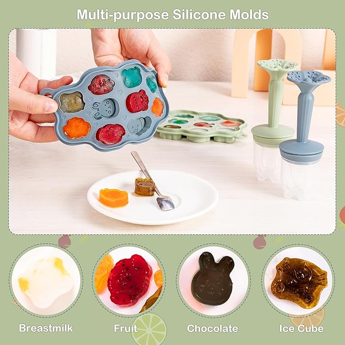 KingKam Baby Breastmilk Popsicle Molds & Baby Fruit Feeder (2 Pack), BPA Free Baby Food Teether Tray with Lids, Silicone Baby Food Teether Feeder, Teething Popsicle for Baby 4m+