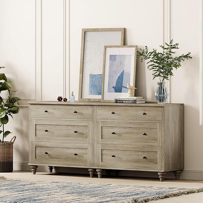 WAMPAT Kids Dresser for Bedroom with 6 Drawers, Rustic Oak Baby Dressers with Wide Chest of Drawers, Modern Wooden Closet Storage Organizer, Large Wood Dressers for Living Room, Nursery, Hallway