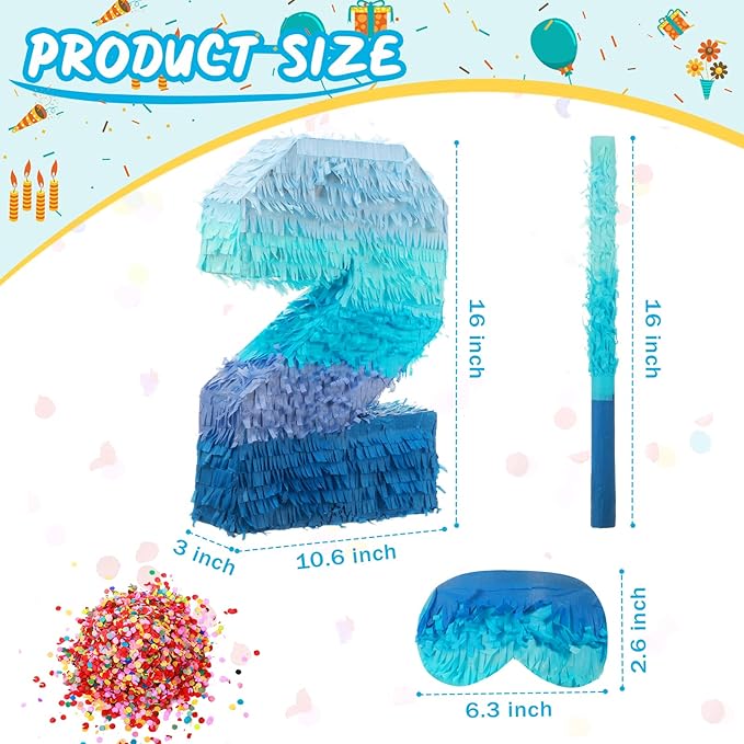 Sratte Number 1 2 3 4 5 6 7 8 9 Piñata with Stick Blindfold Confetti, Gradient Blue Piñata for Kids Boys Girls Birthday Party Anniversary Decorations Supplies(Number 2)