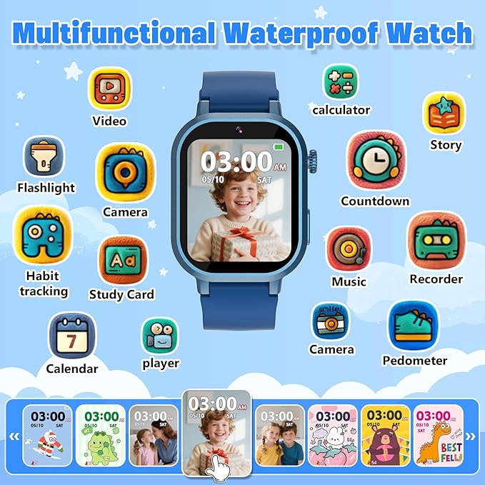 Kids Waterproof Smart Watch Boys Gift Age 3-12 with 39 Game HD Touch Screen Music Player Video Camera Pedometer Alarm Clock Birthday Gift for 6 7 8 9 Year Olds Blue