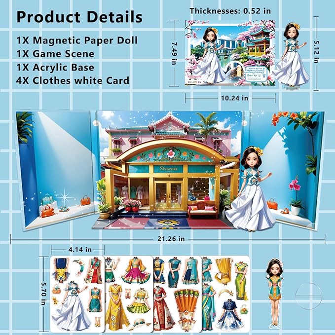 Yuzee Paper Dolls Stickers - Magnetic Dress Up Dolls for Girls - Toddler Travel Toys - 1 Paper Doll and 33 Clothing Accessories with 3D Magnetic Game Scene, Foster Creativity and Imagination