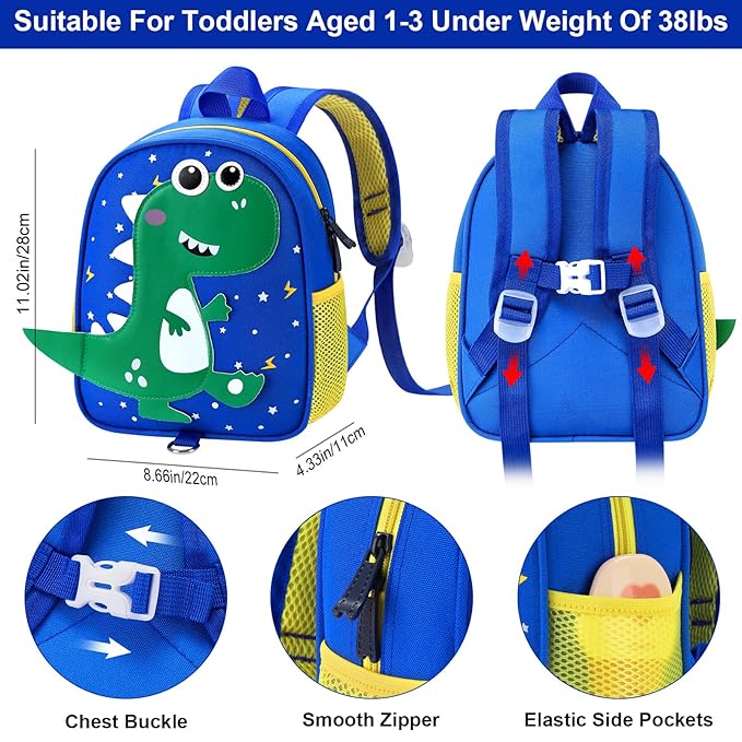 Accmor Toddler Backpack Leash, Cute Dinosaur Kids Backpacks with Anti Lost Wrist Link, Mini Child Bag Tether Baby Walking Harness Wristband Protection Rope for Boys Girls Aged 1-3 to Travel Outdoor