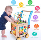 Wooden Baby Walker | Baby Push Walker with 9-in-1 Activity Cube, Sit to Stand Learning Walker Toy with Wheels for Boys Girls, Montessori Activity Center Walker, Adjustable Speed & Height