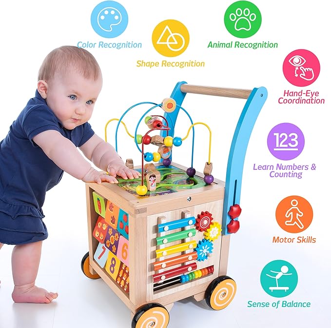 Wooden Baby Walker | Baby Push Walker with 9-in-1 Activity Cube, Sit to Stand Learning Walker Toy with Wheels for Boys Girls, Montessori Activity Center Walker, Adjustable Speed & Height