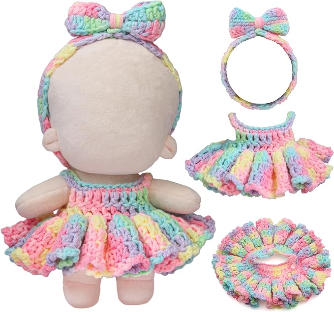 Handmade Crochet 17cm Doll Clothes - Soft, Cute, Stylish Styles with Halter Dress and Headband for Dress up 15cm/17cm Doll Accessories Suit (Iridescence)