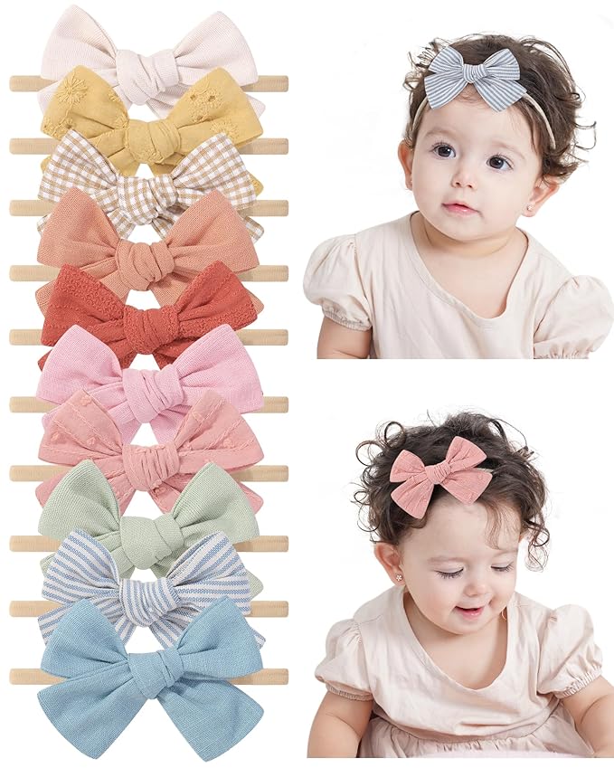 doboi 10PCS Baby Girls Headbands Hair Bows Nylon Cotton Linen Hairbands Handmade Hair Accessories for Newborn Infant Toddlers Little Girl and Kids 3.5Inches
