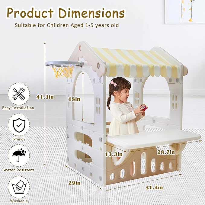 41.3" x 31.4" x 29" Kids Cottage Playhouse, Indoor/Outdoor Toddler Playhouse with Working Doors, Worktop & Basketball Hoop, Durable Plastic Playset for Kids Ages 1+ Years Old