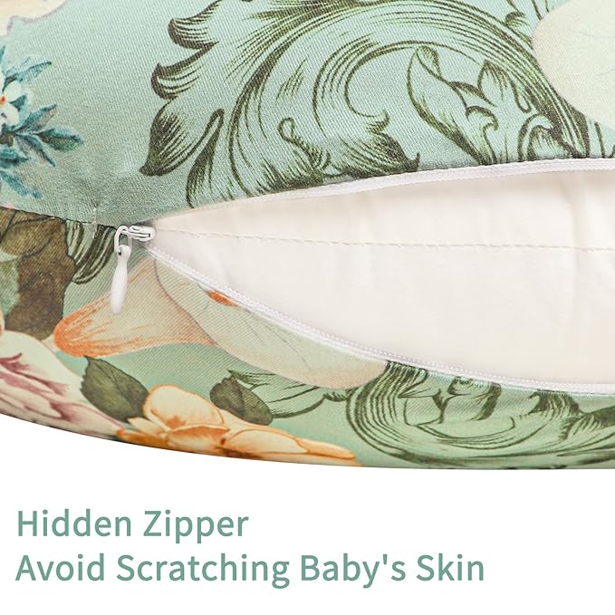 Nursing Pillow Cover for Baby Girls Boys, Green Breastfeeding Pillow Cover, Stretchy Removable Feeding Pillow Case for Newborns, Ultra Soft and Comfortable Nursing Pillow Slipcover, Floral