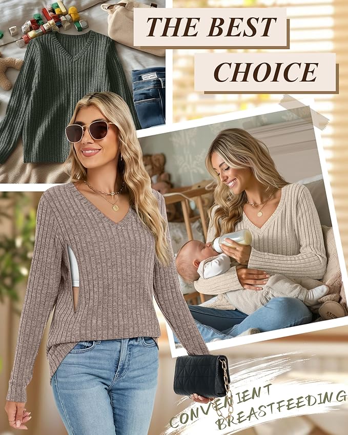 3 Pack Women's Maternity Nursing Tops, V Neck Breastfeeding Sweaters Long Sleeve Hidden Zipper Shirts