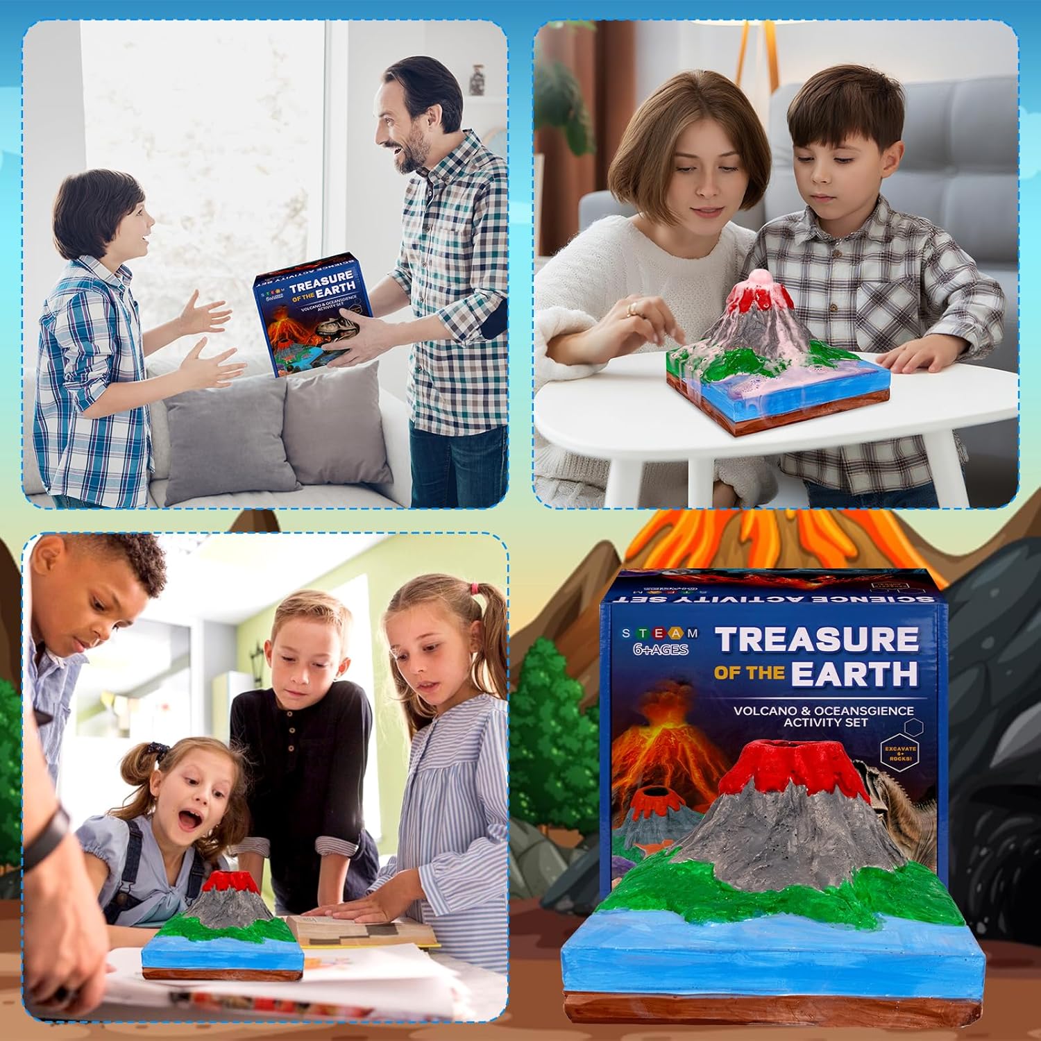 Volcano Science Kit - 6 Rocks Gemstone Excavation Kit, Dinosaur Fossil Digging Kit for Kids，Erupting Volcano Toy Rock Collections STEM Toys Gift for Boys & Girls