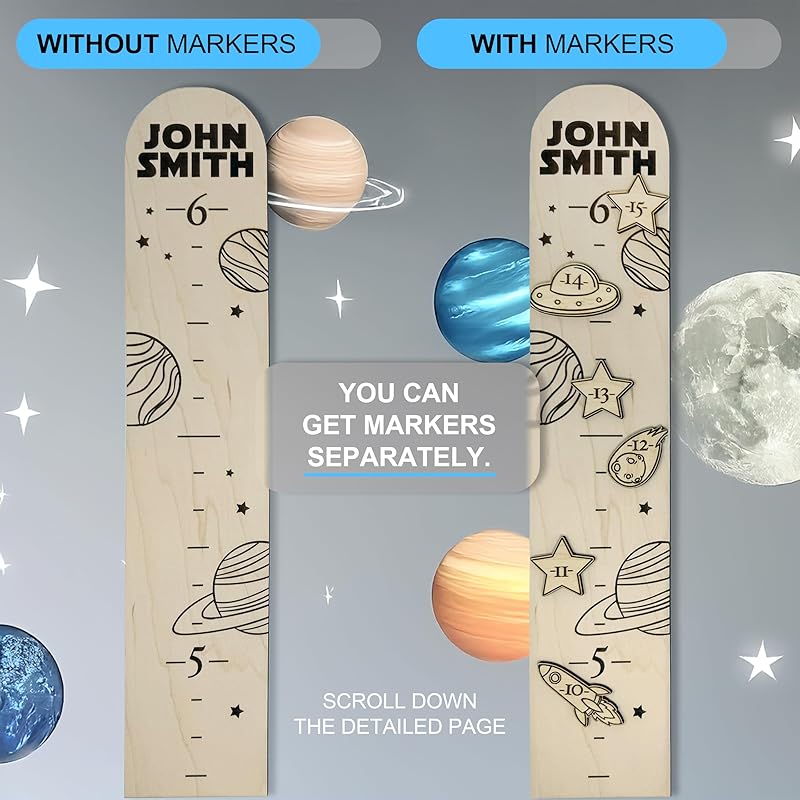 Wooden Height Chart for Wall - Personalized Boy Growth Chart, Custom Name Space Ship Theme Height Ruler Wood, Nursery Growing Wall Meter for Children, Large Baby Growth Chart Solar System, 2 Sizes