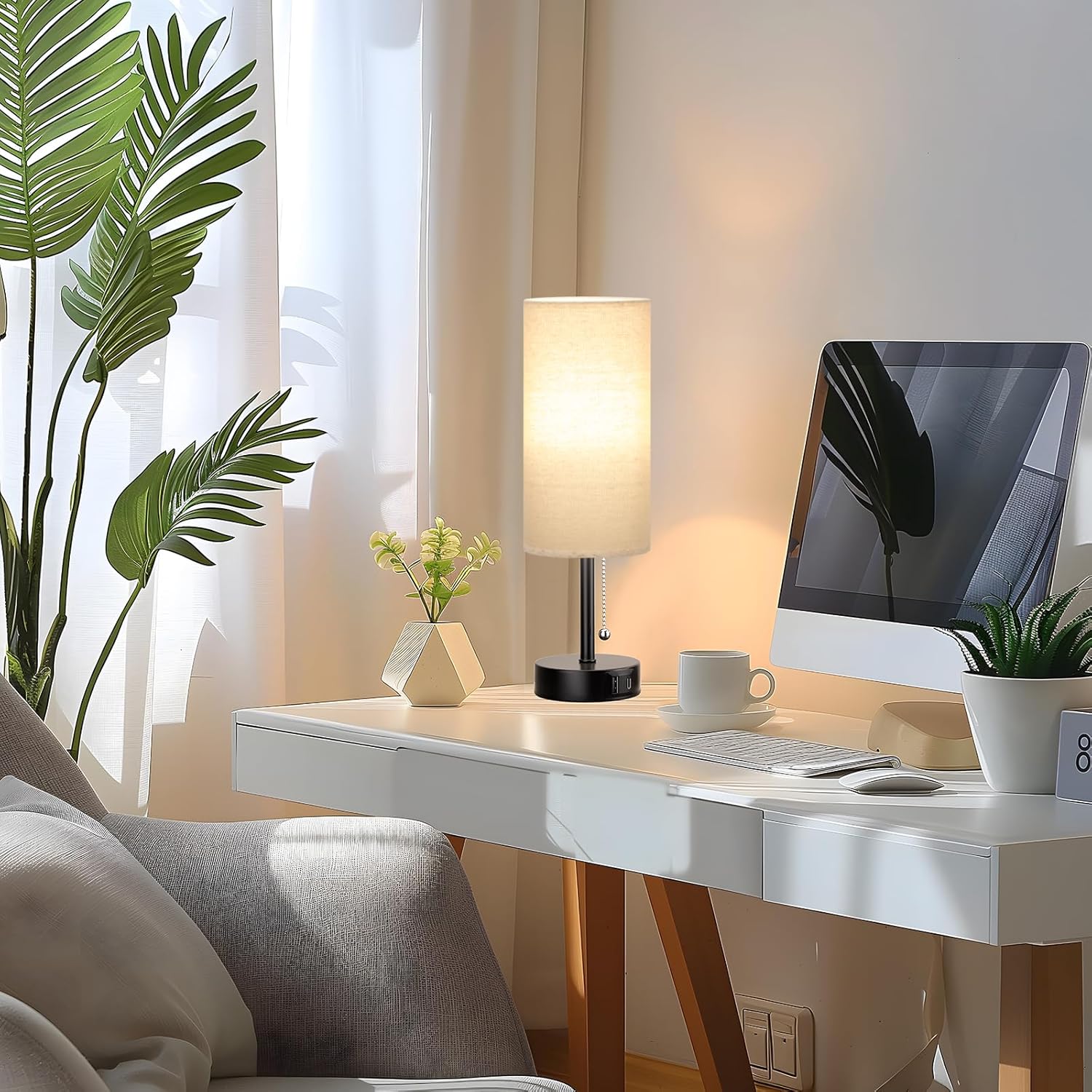 Bedside Lamps for Bedroom Set of 2 - Nightstand Table Lamp with USB A + C Charging Port, 3 Color Temperatures Pull Chain Night Stand Light, Side Table Desk Reading Lamp for Living Room/Dorm Room