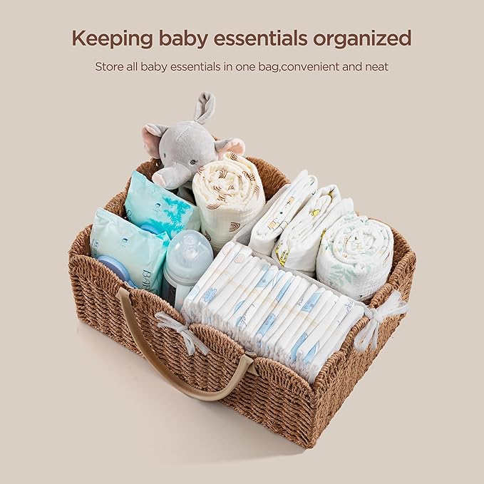 HBlife Baby Diaper Caddy, Paper Rope Storage Baskets Nursery Bin with Removable Divider, Portable Car Organizer for Diapers, Baby Shower Gifts, Newborn Essentials Must Haves