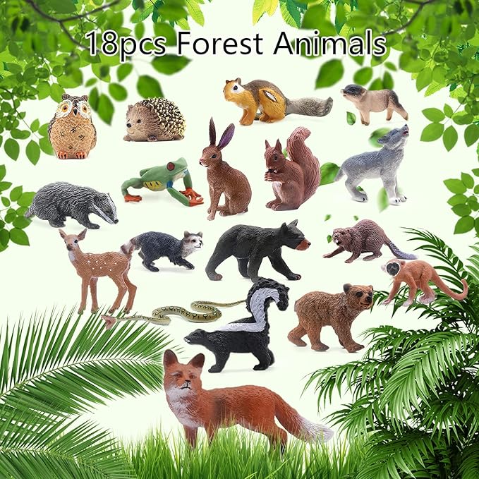 SIENON 18Pcs Forest Animals Figures Toys, Miniature Baby Woodland with Owl Hedgehog Fox Squirrel Bear Monkey Deer Wolf Snake for Kids Educational Christmas Birthday Party Gift Cake Decorations