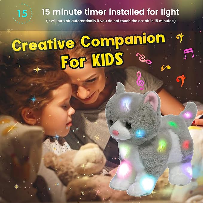 Hopearl LED Musical Stuffed Kitty Light up Singing Plush Cat Adjustable Volume Lullaby Animated Soothe Birthday Gifts for Kids Toddler Girls, Grey, 13.5''