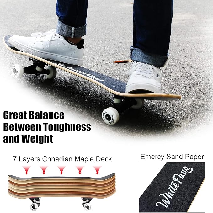 WhiteFang Skateboards for Beginners, Complete Skateboard 31 x 7.88, 7 Layer Canadian Maple Double Kick Concave Standard and Tricks Skateboards for Kids and Beginners