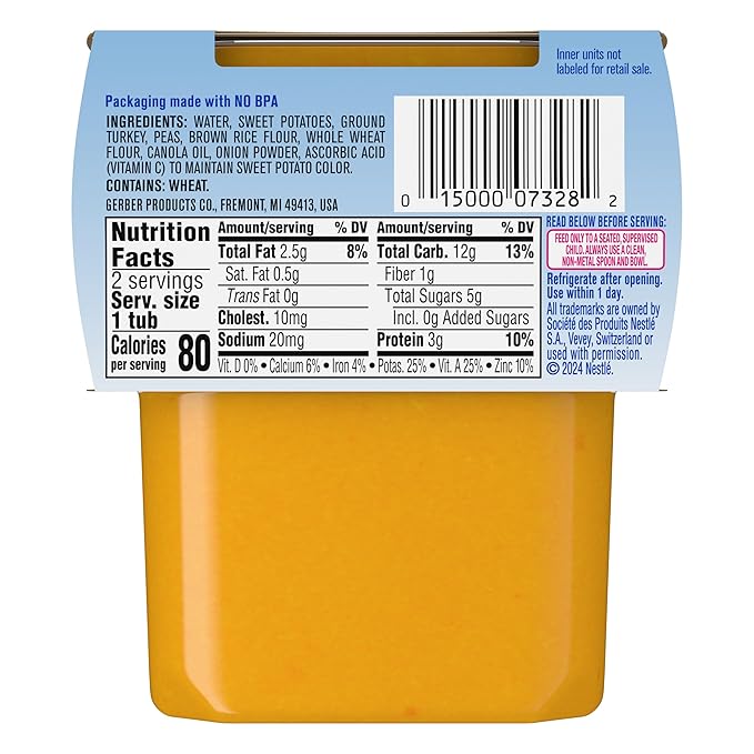 Gerber Baby Food 2nd Foods, Dinner, Turkey & Rice Puree, 4 Ounce Tubs, 2-Pack (Pack of 8)