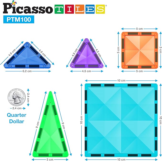 PicassoTiles 100pc Magnetic Tile Mini Diamond Set Travel Size STEM Educational Building Kit for Toddlers Preschool Boys Girls Age 3 Plus Montessori Indoor Learning Toy for Creative Development PTM100