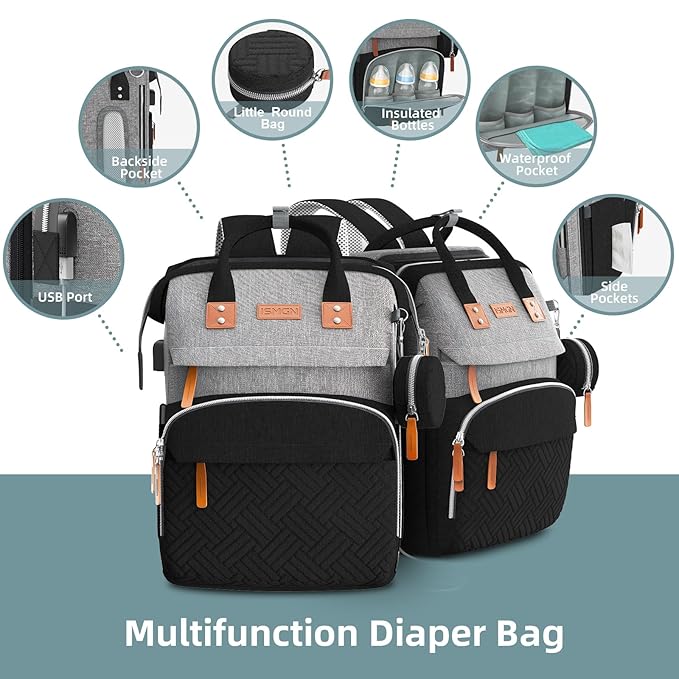Diaper Bag Backpack with Changing Station, Multifunctional Diaper Bag, Extra Large Capacity, Baby Bag, GreyBlack