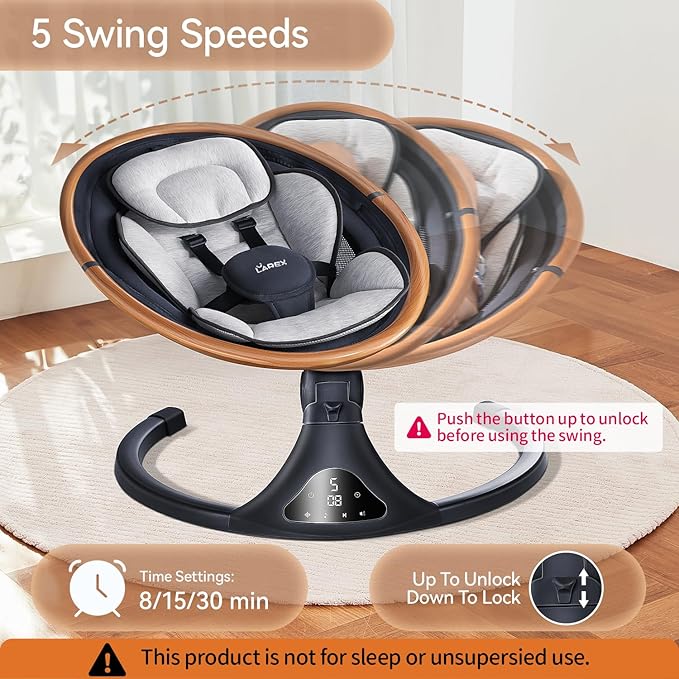 LAREX Baby Swing to Toddler Electric Infant Swing Portable for Newborn Boy Girl, 5 Sway Speeds with Remote Control, 12 Preset Melodies and Bluetooth, 0-6 Months Max 20 Lbs (Gray)