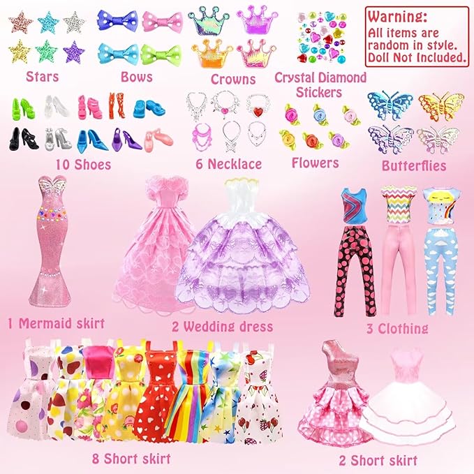 75Pcs Doll Clothes and Accessories Fashion Design kit for 11.5 Inch Doll Dress Up Including 2 Wedding Gown Dresses 1 Fashion Dress 2 Party Dress 8 Mini Dresses 3 Tops and Pants 10 Shoes 6 Necklaces