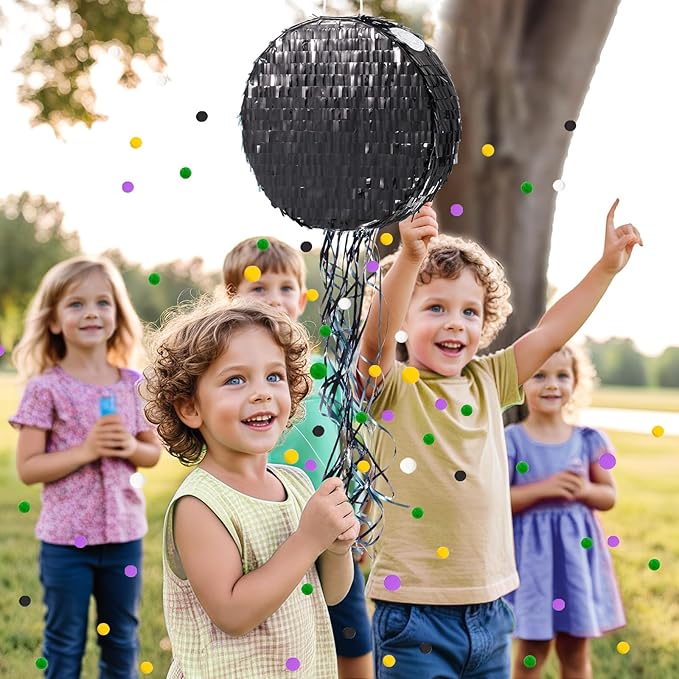 WERNNSAI Black Round Pinata for DIY - Halloween Black Moon Pinata for Kids DIY Birthday Party Disco Decoration for Adult Night Party Supplies with Confetti Bat Blindfold, 12.2”x 12.2”