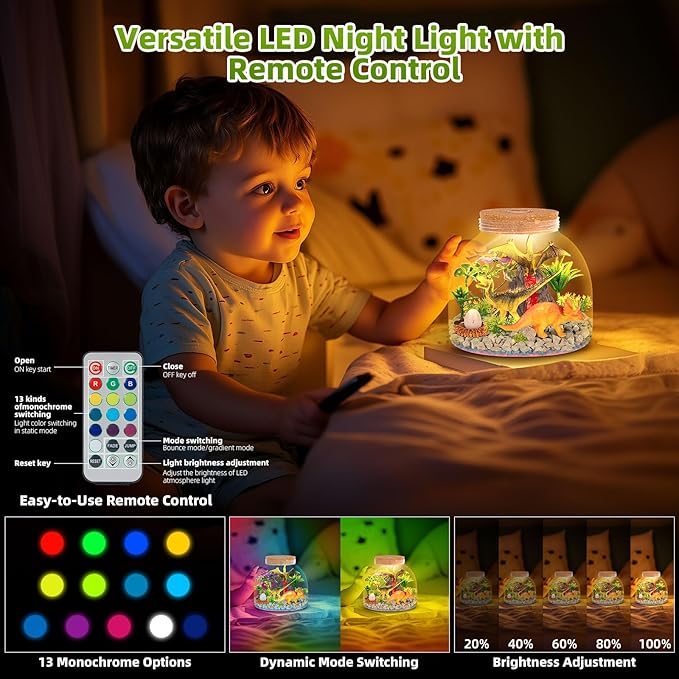 Dinosaur Light Up Terrarium for Boys – DIY Prehistoric Garden with LED | STEM Toy & Craft Gift for Kids Ages 4-8, Perfect for Birthday or Christmas