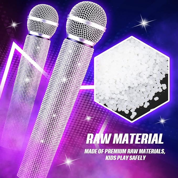 Sanwuta Fake Microphone Prop Sparkly Bling Rhinestones Plastic Play Microphone Pretend Glitter Bedazzled Mic for Cosplay Party Costume(Silver)