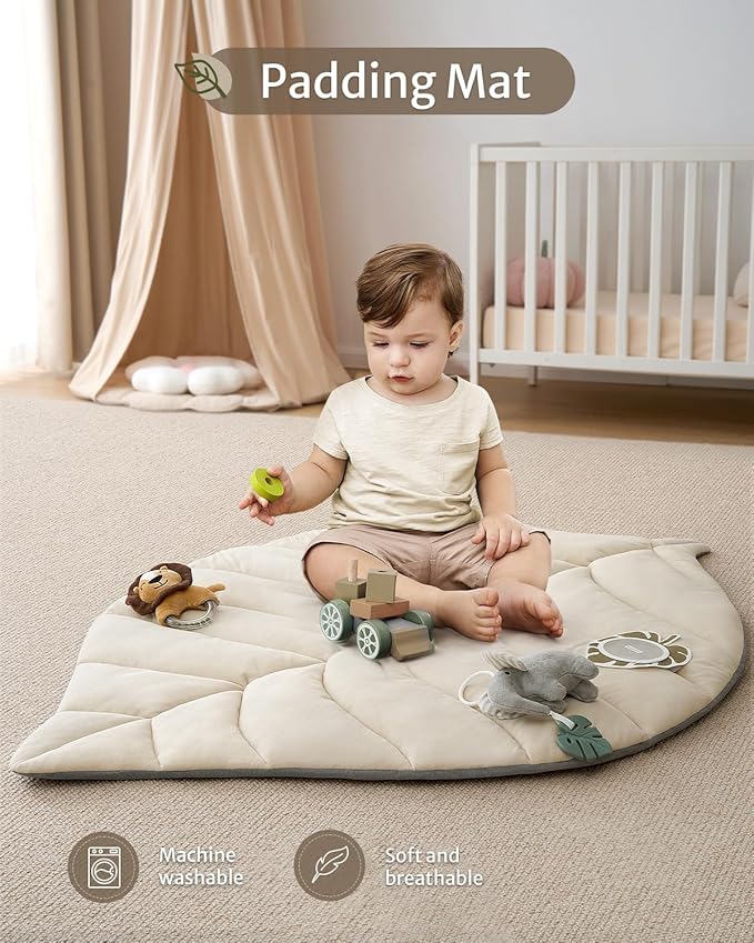 Blissful Diary Baby Play Gym & Activity Mat, Leaf Shaped Baby Tummy Time Play Mat with 6 Detachable Toys, Promotes Motor Skills & Sensory Development, Newborn Baby Essentials Gift, Oatmeal Beige