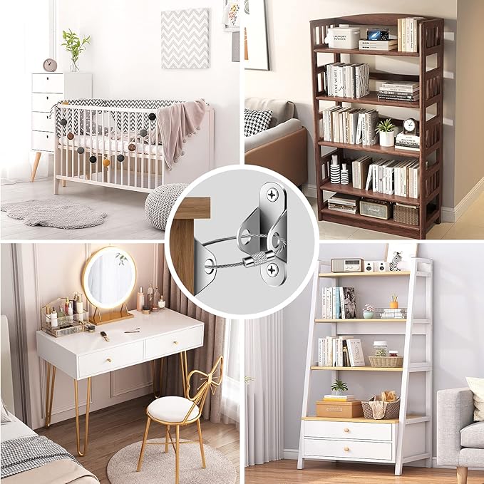 Furniture Anchors (10 Packs) Anti Tip Furniture Anchors for Baby Proofing, Furniture Wall Anchor Earthquake Straps for Furniture Dresser Wall Safety Anchor Furniture Fasteners to Wall, Silver